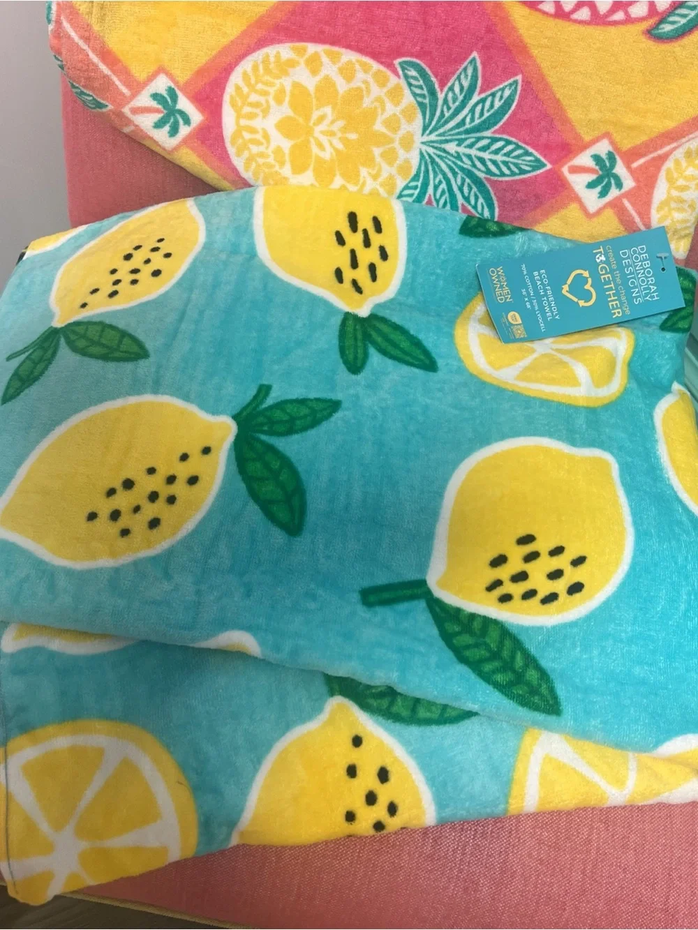 NWT! Turquoise Lemon Print Towel with Yellow Accents 36” X 68”